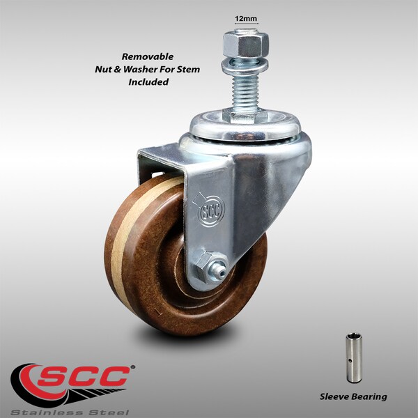 3 Inch SS High Temp Phenolic Wheel Swivel 12mm Threaded Stem Caster SCC